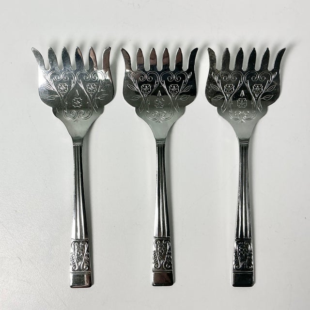 Metal Vintage Boho Chic Chippendale Stainless Steel Petit Four Serving Forks - Set of 3. For Sale - Image 7 of 9