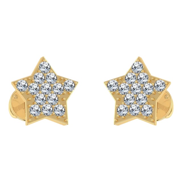 10K Yellow Gold Round Diamond Star Stud Earring 1/8 Cttw, A Pair For Sale