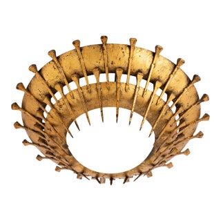 Mid 20th Century Brutalist Spanish Sunburst Flush Mount Gilded Iron For Sale