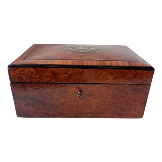 19th Century French Burl Wood Jewelry Box With Marquetry Inlay For Sale
