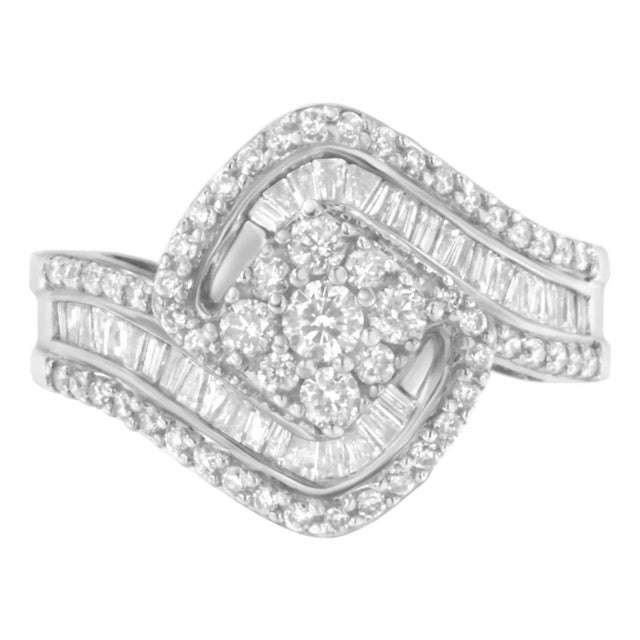 14K White Gold 1.0 Cttw Baguette & Brilliant-Cut Diamond Round Floral Cluster Engagement or Fashion Ring with Swirl Wrapped Triple Row Band Size 7.25 For Sale