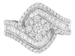 14K White Gold 1.0 Cttw Baguette & Brilliant-Cut Diamond Round Floral Cluster Engagement or Fashion Ring with Swirl Wrapped Triple Row Band Size 7.25