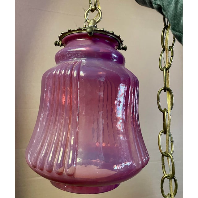 Victorian Mid 20th Century Cranberry Opalescent Cased Glass Hanging Pendant Ceiling Light Fixture For Sale - Image 3 of 12