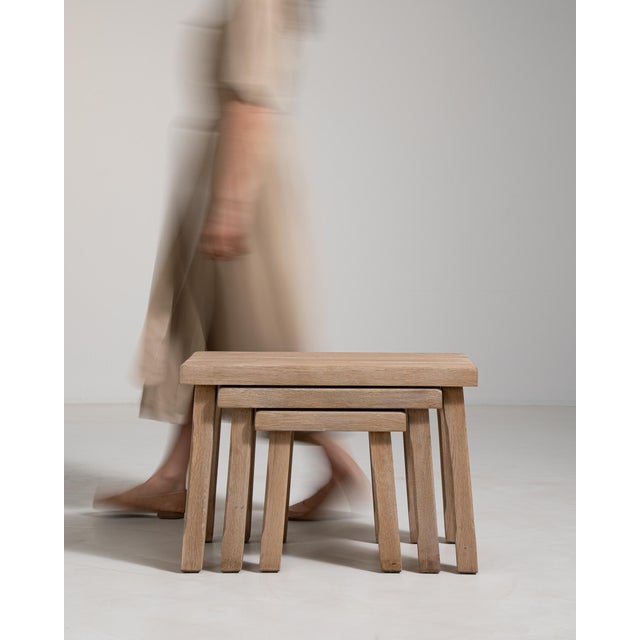 Set of Three Oak Brutalist Nesting Tables, Antique, France, Circa 1970 For Sale - Image 13 of 13