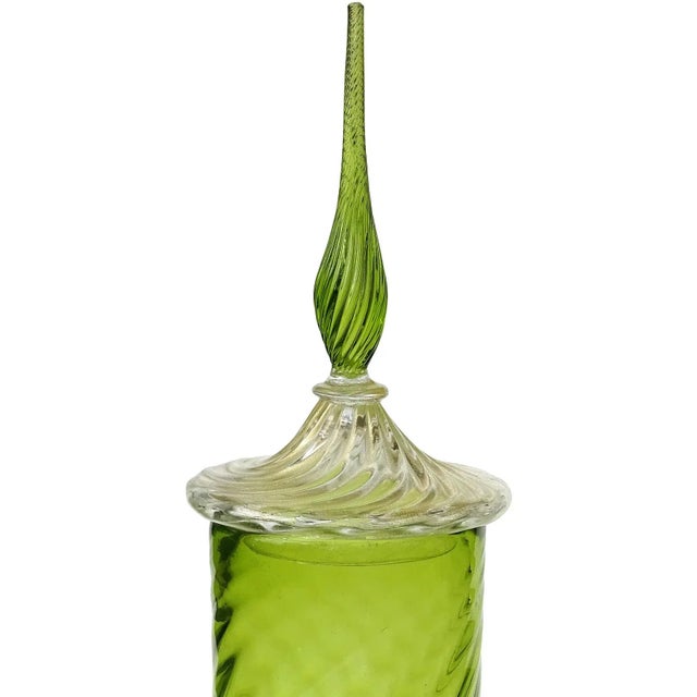 Gorgeous, and very tall, vintage Murano hand blown apple green with gold flecks Italian art glass tall decanter / candy...