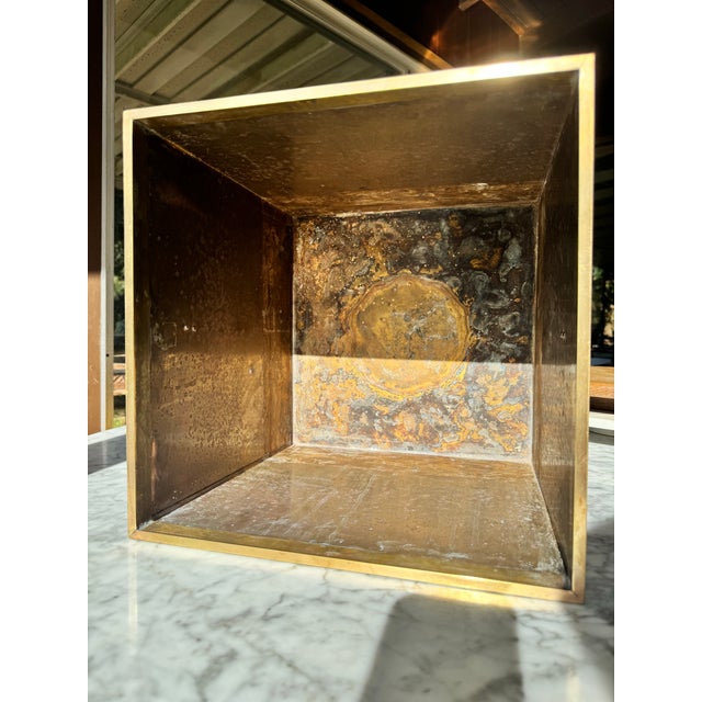 Metal Extra Large Solid Brass Square Jardinière / Planter With Ring Handles, 14", Mid-20th Century, Made inHong Kong For Sale - Image 7 of 11