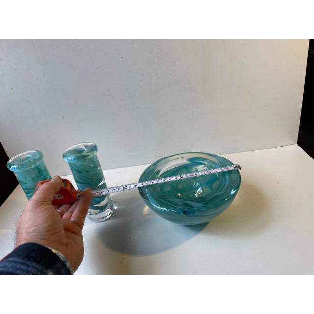 Turquoise Swedish Blue Atoll Art Glass Bowl & Candlesticks by Anna Ehrner for Kosta Boda, 1980s, Set of 3 For Sale - Image 8 of 9