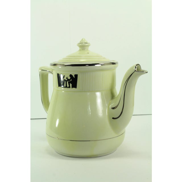 American 1930's Hall's Silhouette 8 Cups Medallion Coffee Pot, Tavern Scene For Sale - Image 3 of 13