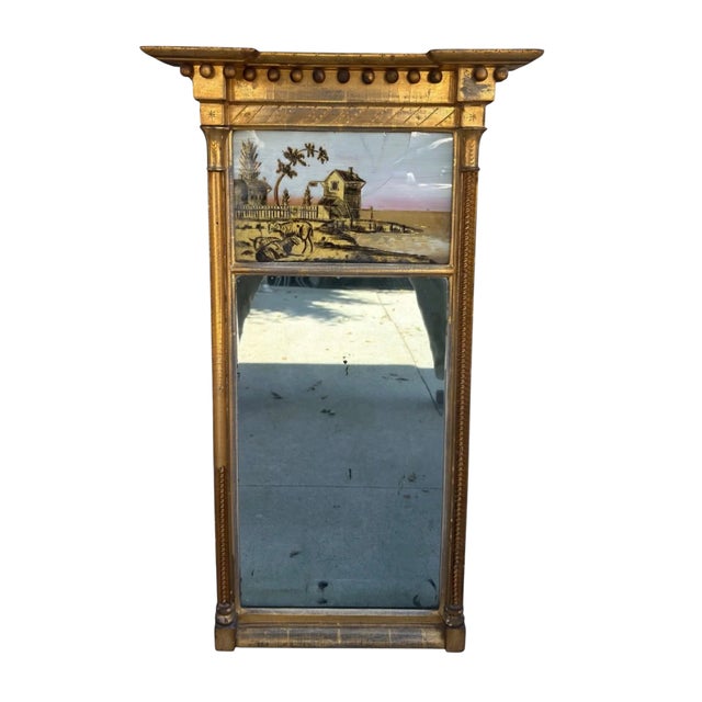 Antique American Federal Giltwood Eglomise Mirror.