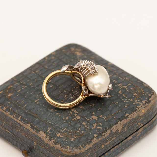 Mid 20th Century 18k Yellow Gold and White Gold Gia Certified Natural Pearl Diamond Ring, Size 6.5 For Sale - Image 10 of 11