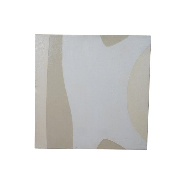 Pair of 2006 unframed stretched canvas paintings featuring a matching abstract freeform shape, done in differing neutral...