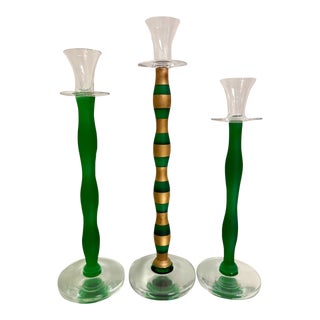 Set of 3 Contemporary Green Glass Candlesticks Orrefors Sweden Celeste For Sale