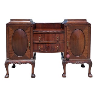 Antique English Georgian Revival Mahogany Sideboard Buffet With Bow-Front Drawers, C. 1900s For Sale