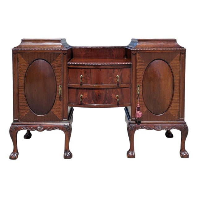 Antique English Georgian Revival Mahogany Sideboard Buffet With Bow-Front Drawers, C. 1900s For Sale