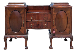 Antique English Georgian Revival Mahogany Sideboard Buffet With Bow-Front Drawers, C. 1900s