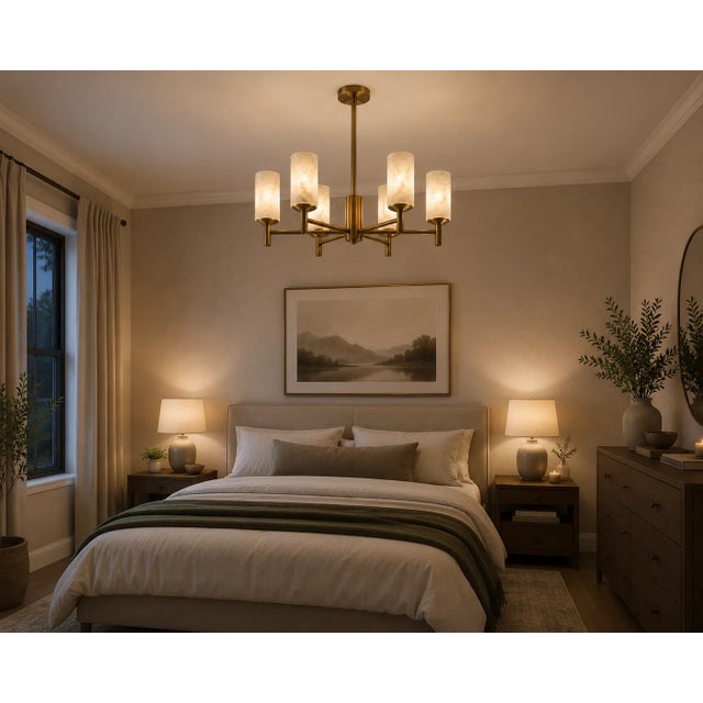 Metal Handcrafted Brass 6-Light Chandelier With Natural Alabaster Shades, Dining Room Chandelier, Kitchen Island Lighting For Sale - Image 7 of 9
