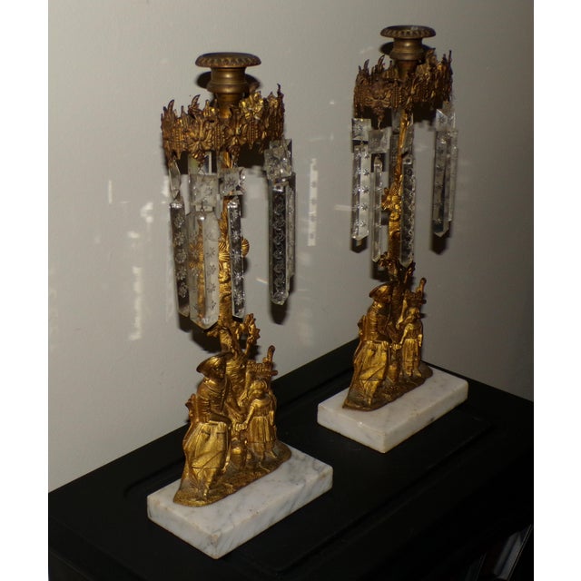 Pair Antique Victorian Girandoles Brass Marble Crystal Candelabra Candle Holders For Sale - Image 4 of 15