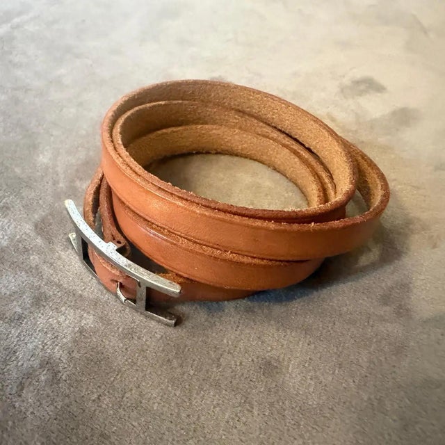 1991 Triple Wrap Brown Leather Silver Tone Bracelet by Hermes For Sale - Image 9 of 11