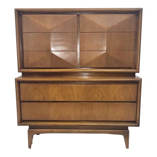 1960s United Furniture Diamond Walnut Tall Dresser Chest Vintage For Sale