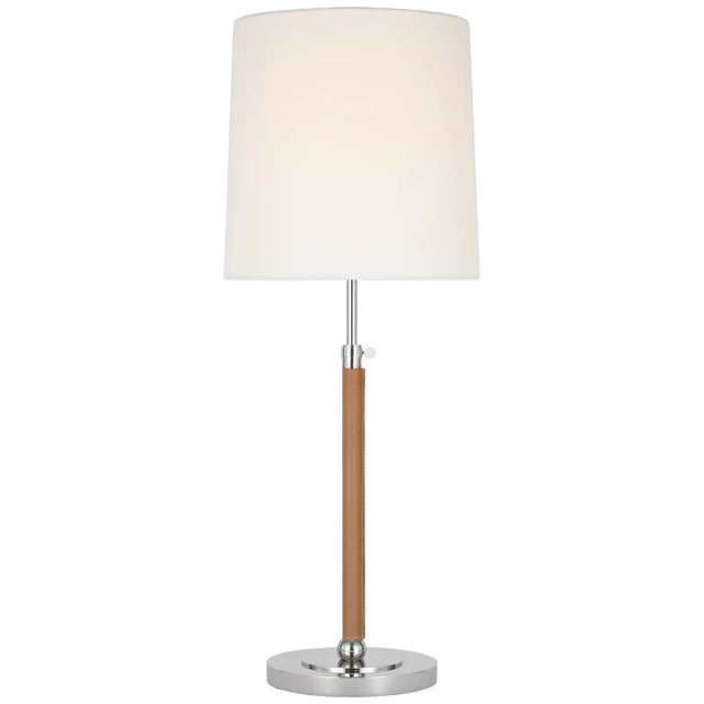 Thomas O'Brien by Visual Comfort Signature Bryant Large Wrapped Table Lamp in Polished Nickel and Natural Leather with Linen Shade For Sale