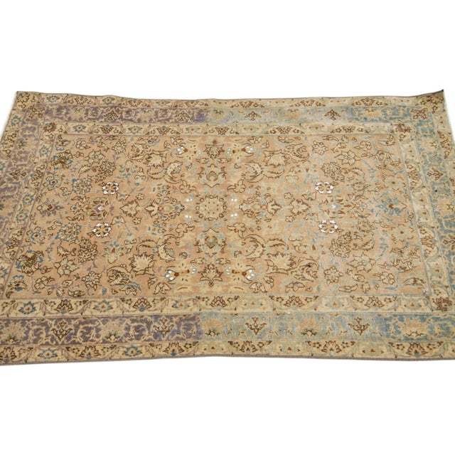 1900 - 1909 Handmade Tan Antique Persian Kirman Wool Rug With Allover Floral Motif For Sale - Image 5 of 6
