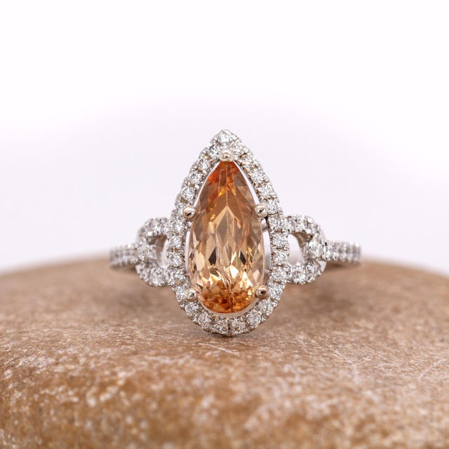 2.5cts, 12x6mm Imperial Topaz & Accented Natural Diamonds Ring in 14k Solid Gold For Sale - Image 4 of 10