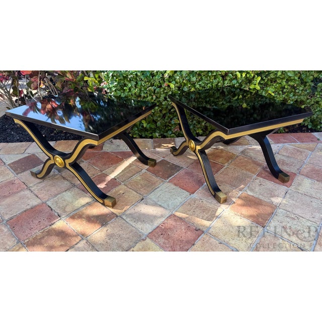 Pair of Hollywood Regency Black Lacquer & Gilt Side Tables by Heritage Furniture, Circa 1980s For Sale In Miami - Image 6 of 15