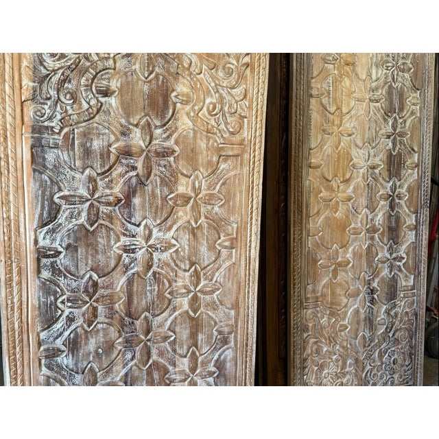 Mid-Century Modern Rustic Vintage Floral Carved Wooden Doors – Boho Farmhouse Statement Barn Door Wood Panels 80 For Sale - Image 3 of 9
