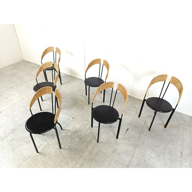 Italian Postmodern Wicker and Metal Dining Chairs, 1980s, Set of 6 For Sale - Image 4 of 11