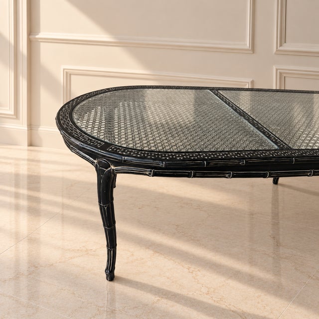 Vintage Chinoiserie Dark Jade Lacquer Faux Bamboo Dining Table With Glass & Woven Panel Top For Sale - Image 13 of 13