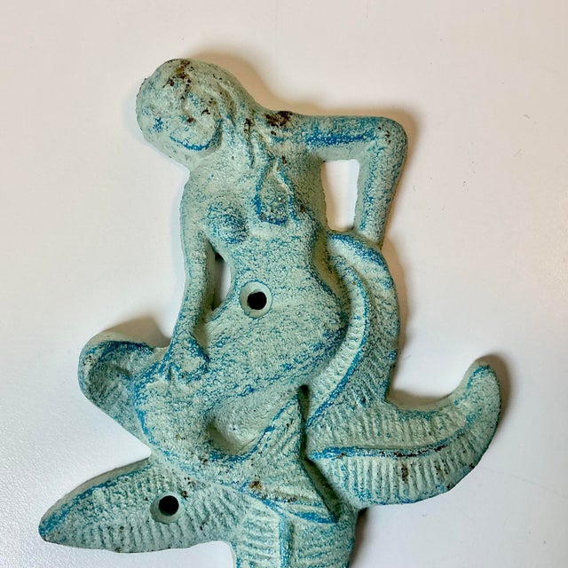 Metal 1970s Vintage Nautical Coastal Cast Iron Verdigris Mermaid Wall Hook. For Sale - Image 7 of 16