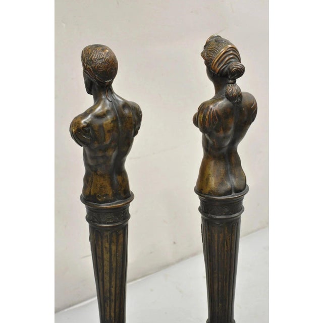 Antique French Renaissance Large Figural Bronze Man & Woman Bust Andirons - Pair For Sale - Image 10 of 10