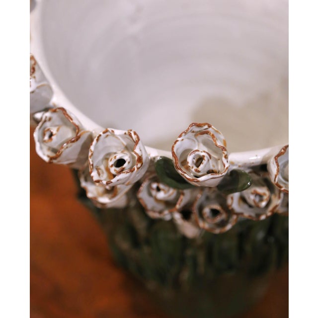 19th Century French Desvres Majolica Rose Cachepot Jardinière For Sale - Image 4 of 8