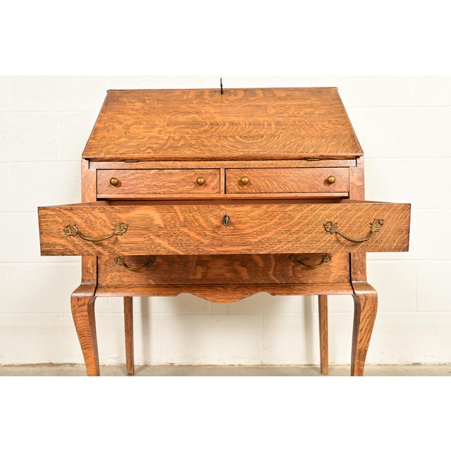 Wood Berkey & Gay Style Antique Victorian Tiger Oak Slant Front Secretary Desk, Circa 1900 For Sale - Image 7 of 14