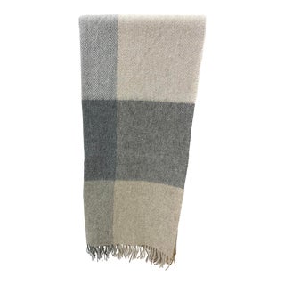 Soft Merino Lambswool Throw in a Modern Tan and Grey Large Block Plaid Pattern - Made in England For Sale