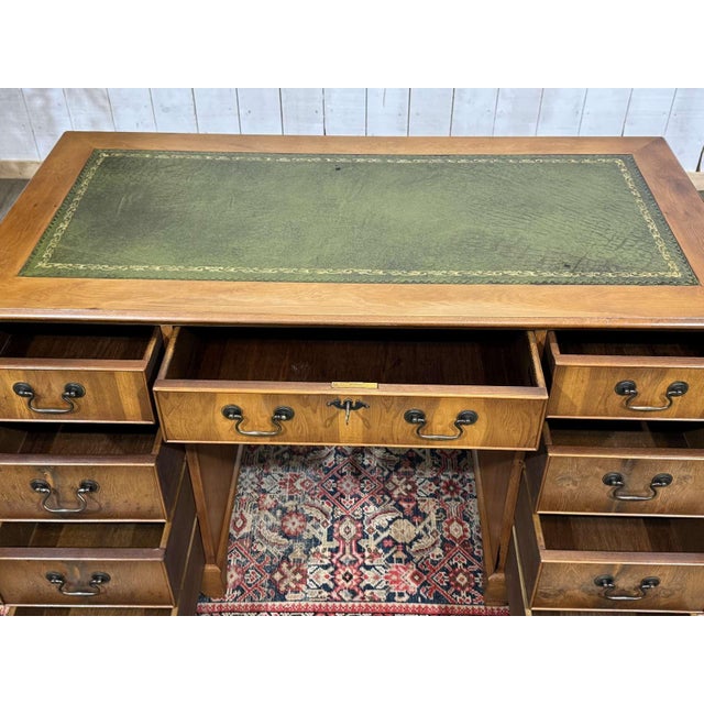 Wood Vintage English Flat Desk with Drawers in Yew Wood with Leather Top, 1970s For Sale - Image 7 of 15