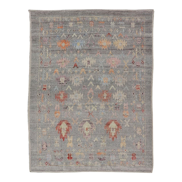 Modern Casual Afghan Tribal Designed Rug on a Light Gray Field 4'5 X 6'3 For Sale