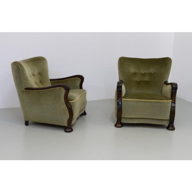 Mid-Century Modern Danish Art Deco Green Velvet Lounge Chairs, 1930s, Set of 2 For Sale - Image 3 of 18