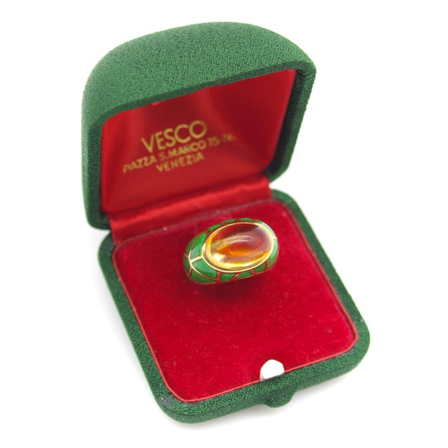 Gold Vintage 18k Gold Citrine Cabochon and Green Enamel Roberto Legnazzi Ring, Size 7.25 For Sale - Image 8 of 13