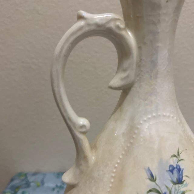 Vintage Iridescent Ivory Ceramic Pitcher Vase Hand-Painted Blue Flowers & Gilt Trim For Sale In Minneapolis - Image 6 of 10