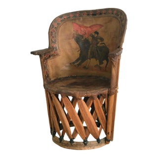 Mexican Equipale Folk Art Chair With Hand-Painted Bullfight Scene 1930s For Sale