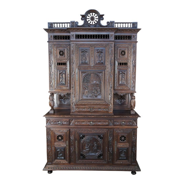Antique French Breton Brittany Figural Carved Chestnut Buffet Sideboard Hutch For Sale