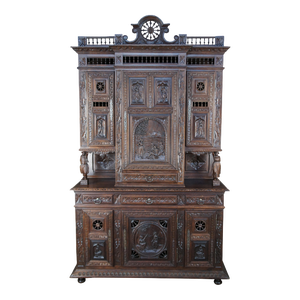 Antique French Breton Brittany Figural Carved Chestnut Buffet Sideboard Hutch