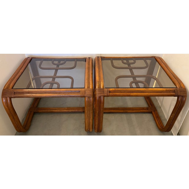 1970s Geometric Bentwood Rattan SideTables With Smoked Glass Top From 70's/a Pair For Sale - Image 5 of 6