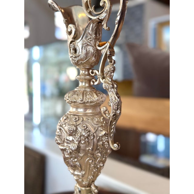 Monumental Silvered Metal Figural Ewer & Underplate With Classical Relief Decoration For Sale - Image 4 of 11
