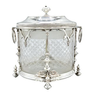 Antique Edwardian English Biscuit Barrel with Silver Plated and Cut Glass Liner, England, 1900 For Sale
