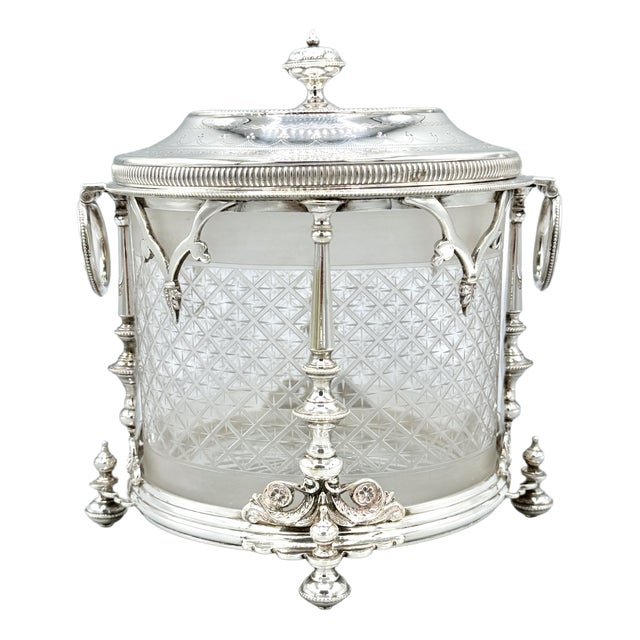 Antique Edwardian English Biscuit Barrel with Silver Plated and Cut Glass Liner, England, 1900 For Sale