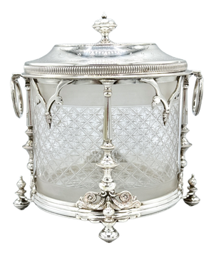 Antique Edwardian English Biscuit Barrel with Silver Plated and Cut Glass Liner, England, 1900