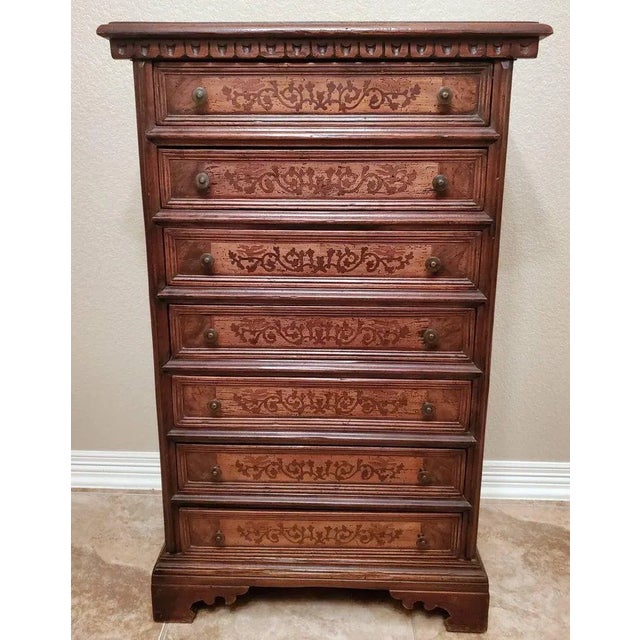 Brown Italian Walnut Marquetry Inlaid Men's Semainier Tall Chest of Drawers For Sale - Image 8 of 11