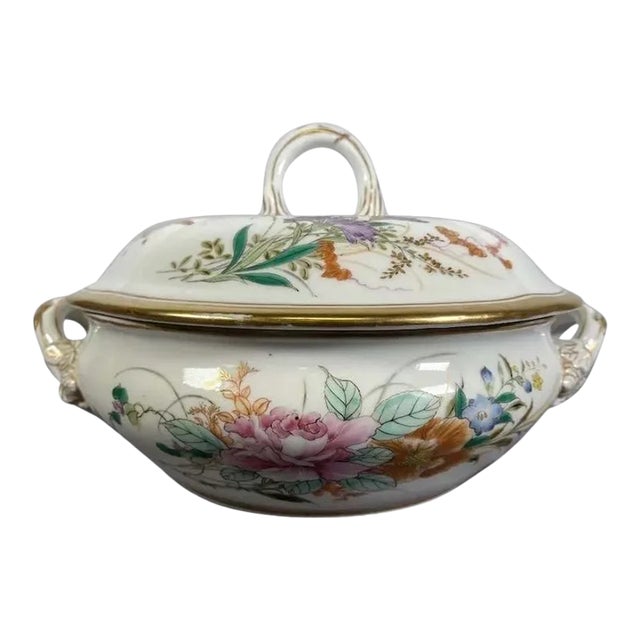 Antique Chinese Export Vegetable Tureen Hand Painted Insects & Flowers For Sale